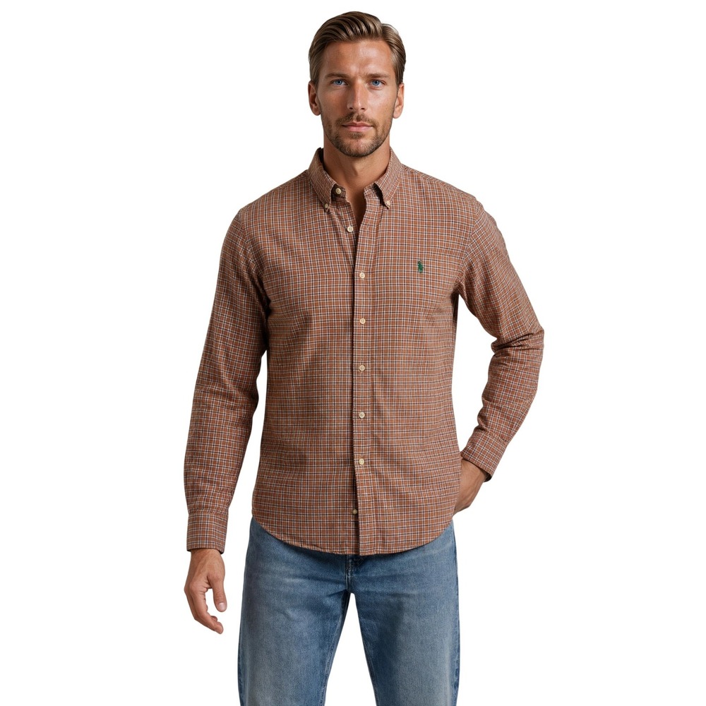 Ralph Lauren Plaid Shirt Men's Size Medium Orange Blue Long Sleeve Button Down